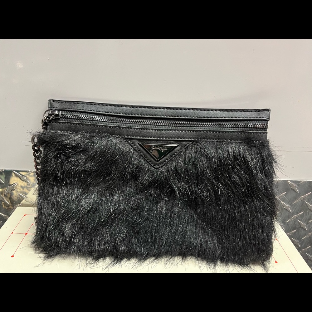 Kendall & Kylie Black Faux Fur Fuzzy Clutch Wristlet
